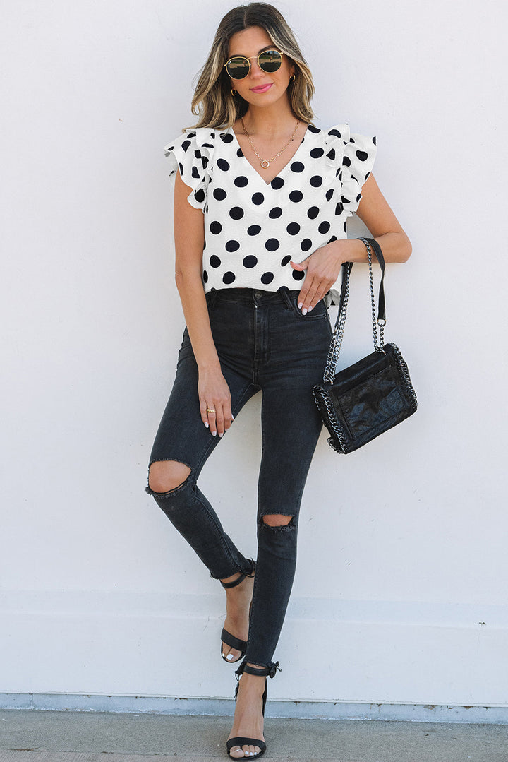 Polka Dot Print Ruffled Sleeve V Neck Blouse