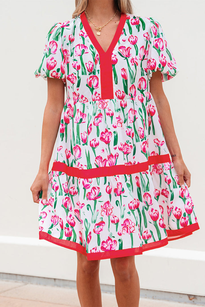 floral print contrast trim v neck bubble short sleeve babydoll dress