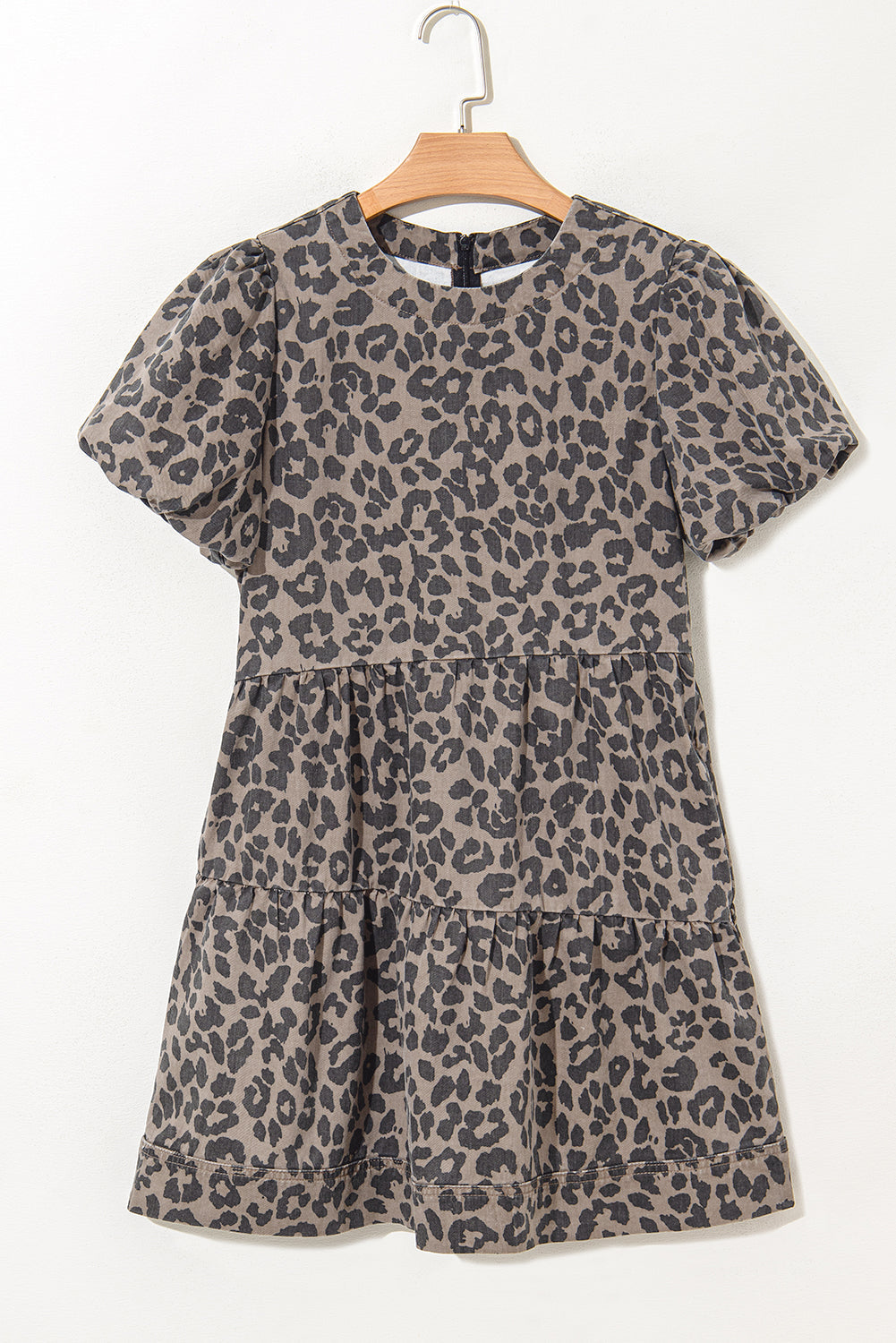 denim leopard printed short puff sleeve mini dress
