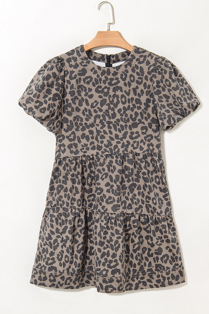 denim leopard printed short puff sleeve mini dress