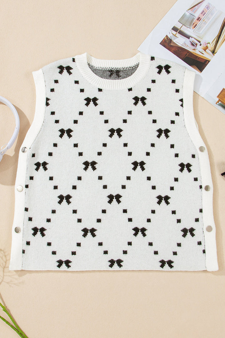 Bow Pattern Buttoned Side Cropped Sweater Vest