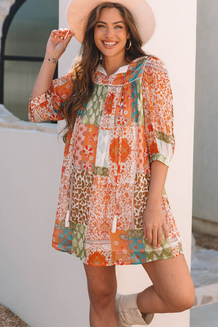 Boho Paisley Mixed Print 3/4 Sleeve Chiffon Loose Dress