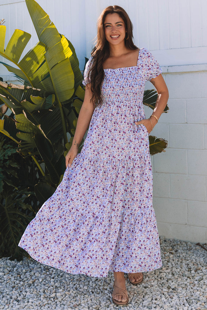 Floral Short Bubble Sleeve Shirred High Waist Maxi Dress