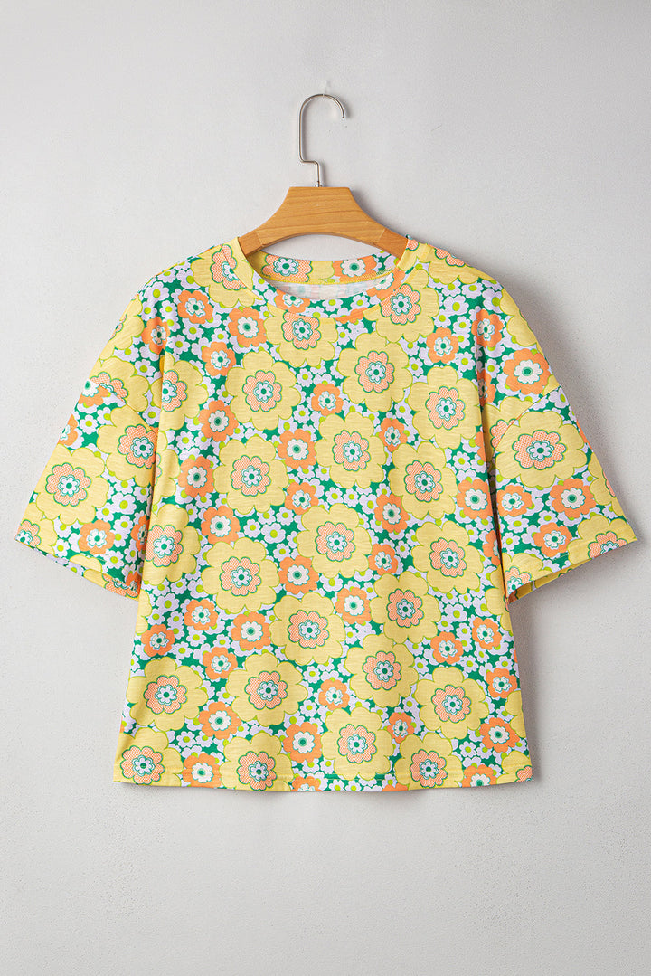 summer flower printed drop shoulder loose t shirt