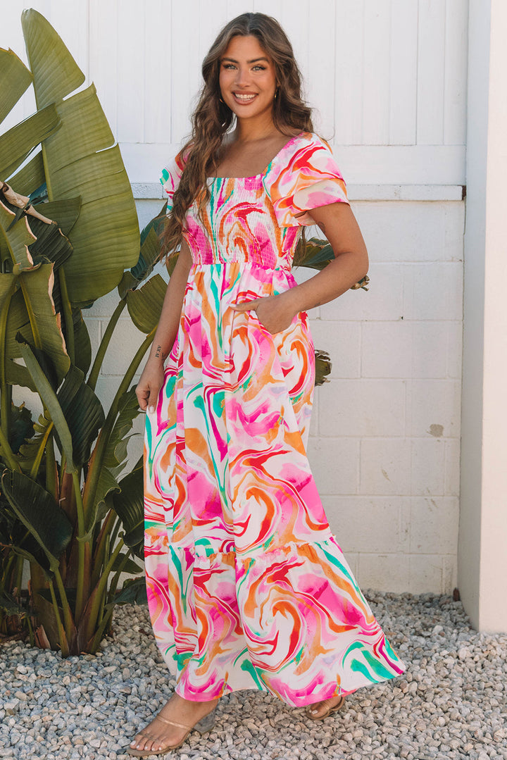 Abstract Print Ruffled Sleeve Smocked Bust Maxi Dress