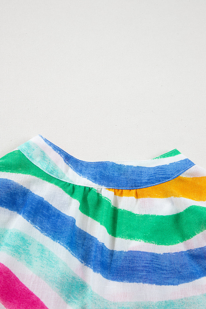 rainbow stripes ruffled hem drawstring v neck tank top