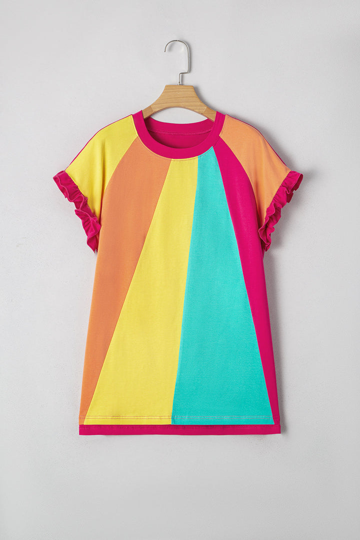 color block ruffled crew neck loose fit t shirt