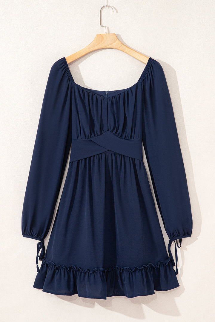 white plain ruffled high waist square neck mini dress