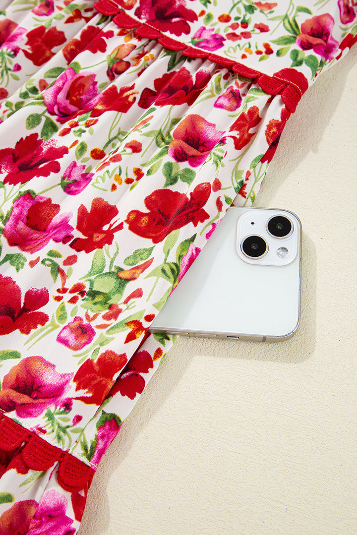 floral puff sleeve tiered ric rac pocketed mini dress