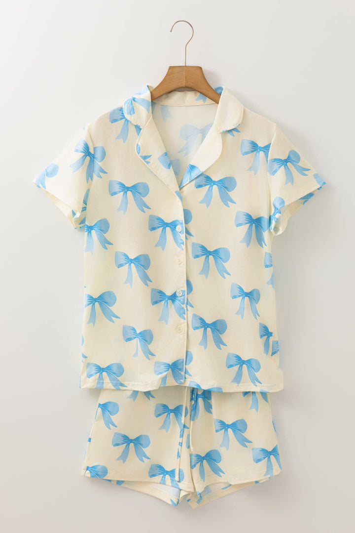 bow printed short sleeve shirt shorts pajama set