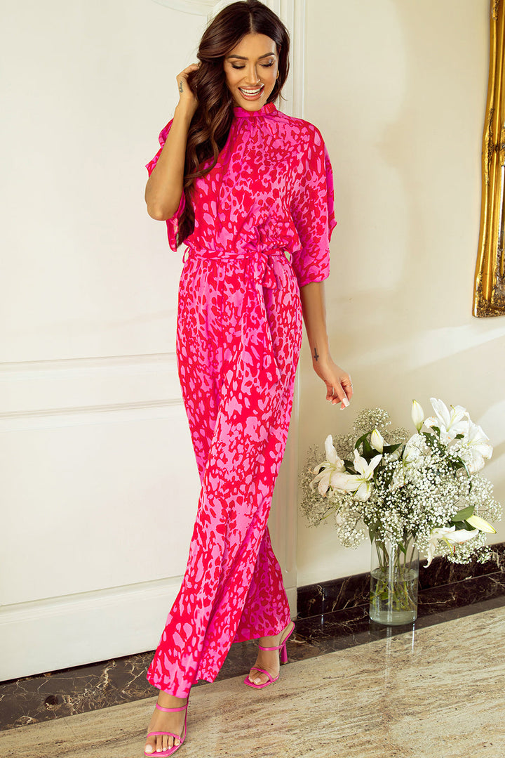 Leopard Loose Sleeve Belted Wide Leg Jumpsuit