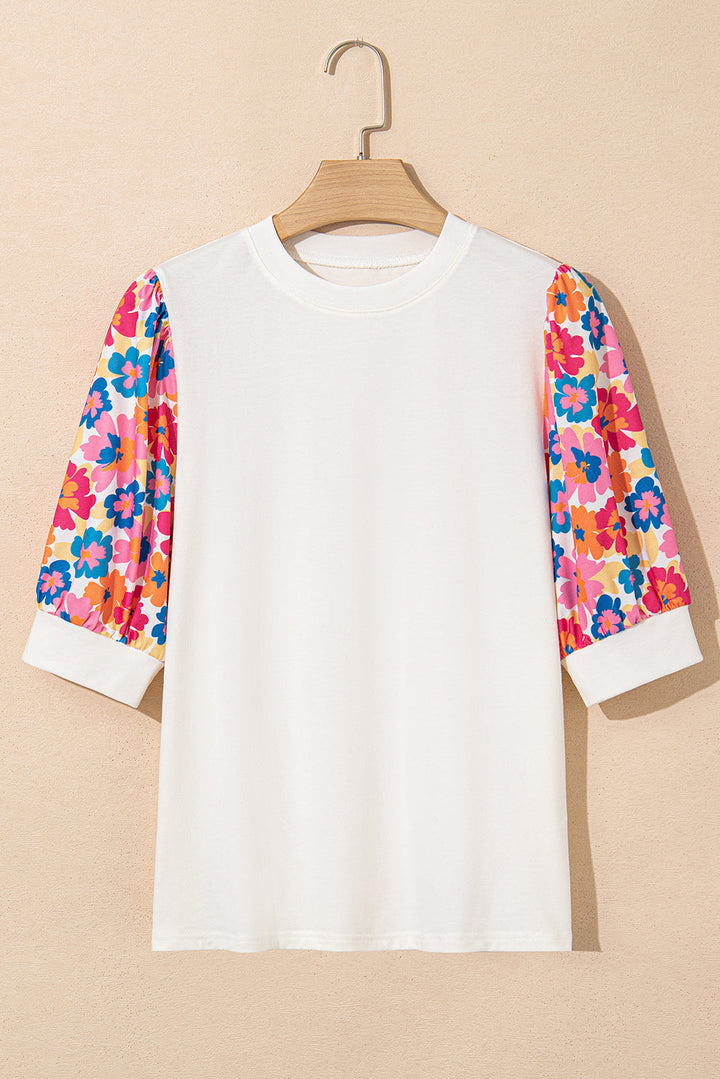 floral puff sleeve patchwork round neck top