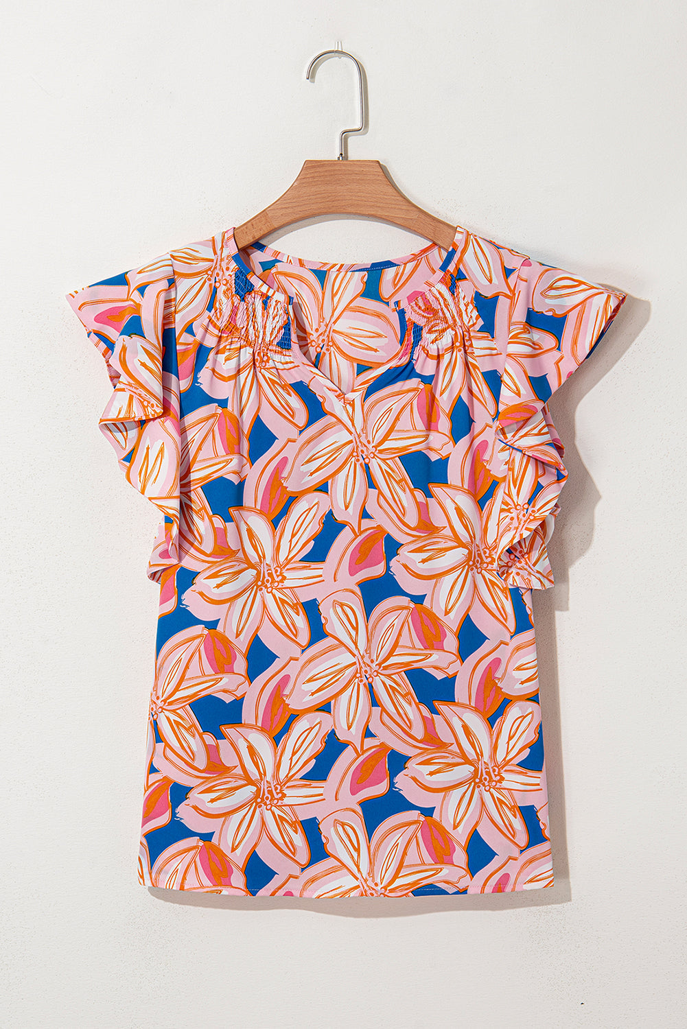 summer flower print notched neck ruffle sleeve blouse