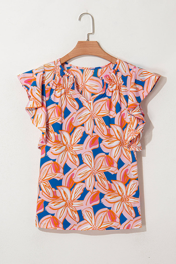 summer flower print notched neck ruffle sleeve blouse