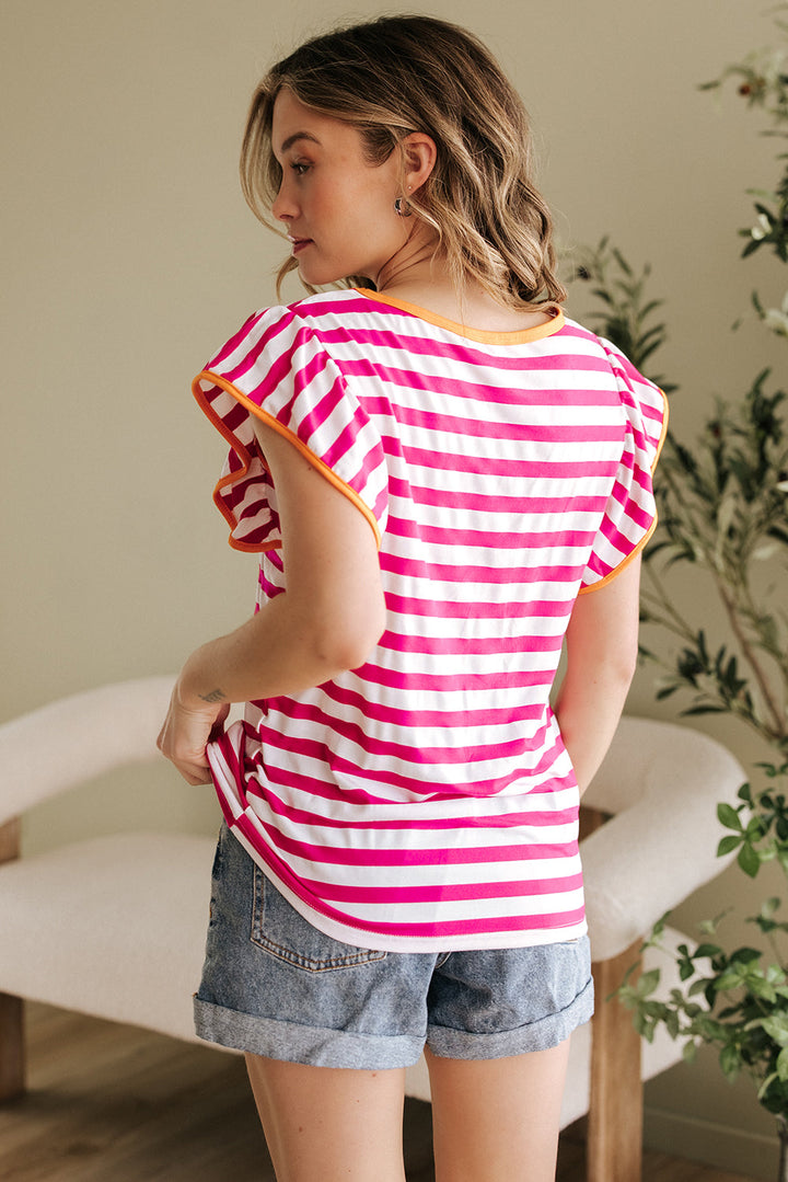 Striped Ruffle Sleeve Crew Neck Blouse