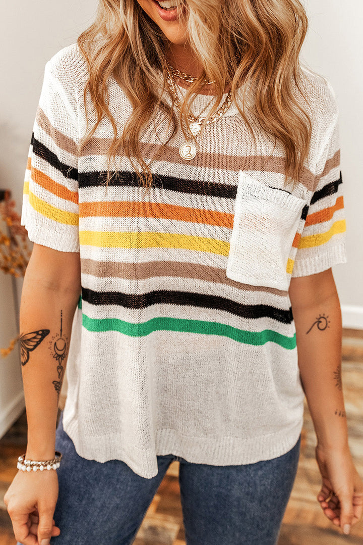 Striped Pocketed Loose Fit Crewneck Knitted T Shirt
