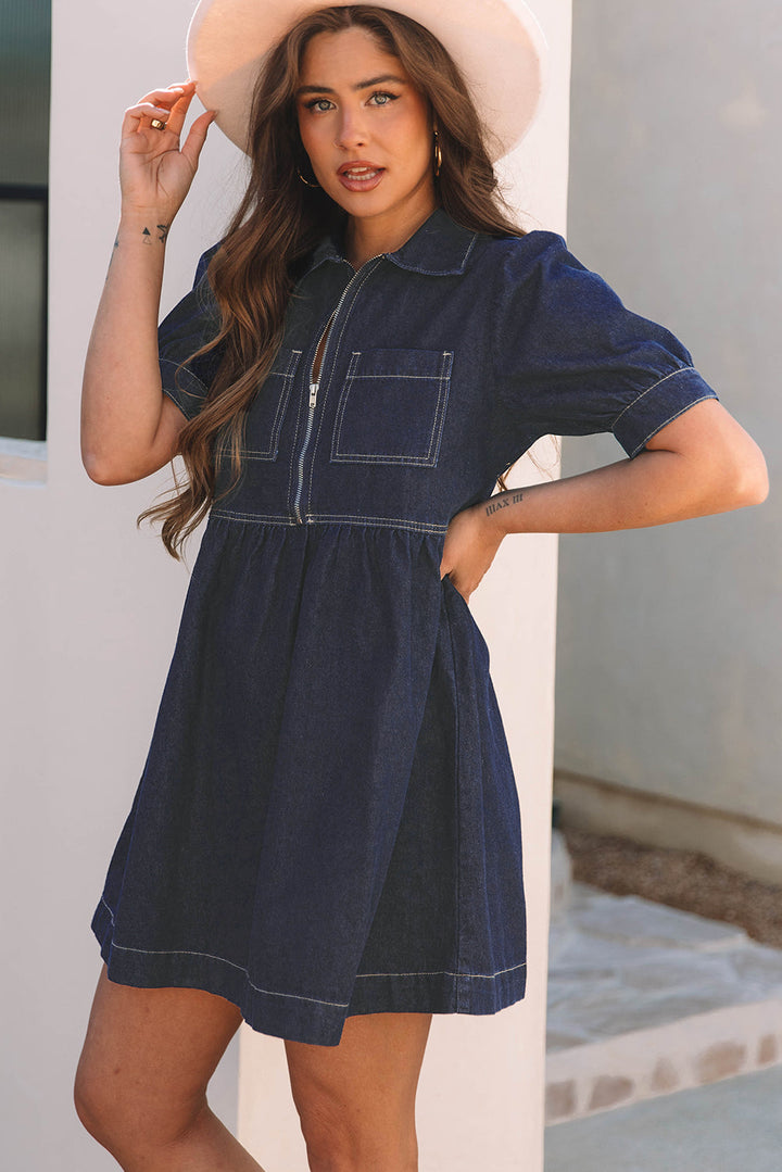 Zipped up Bodice Collared Short Puff Sleeve Denim Dress