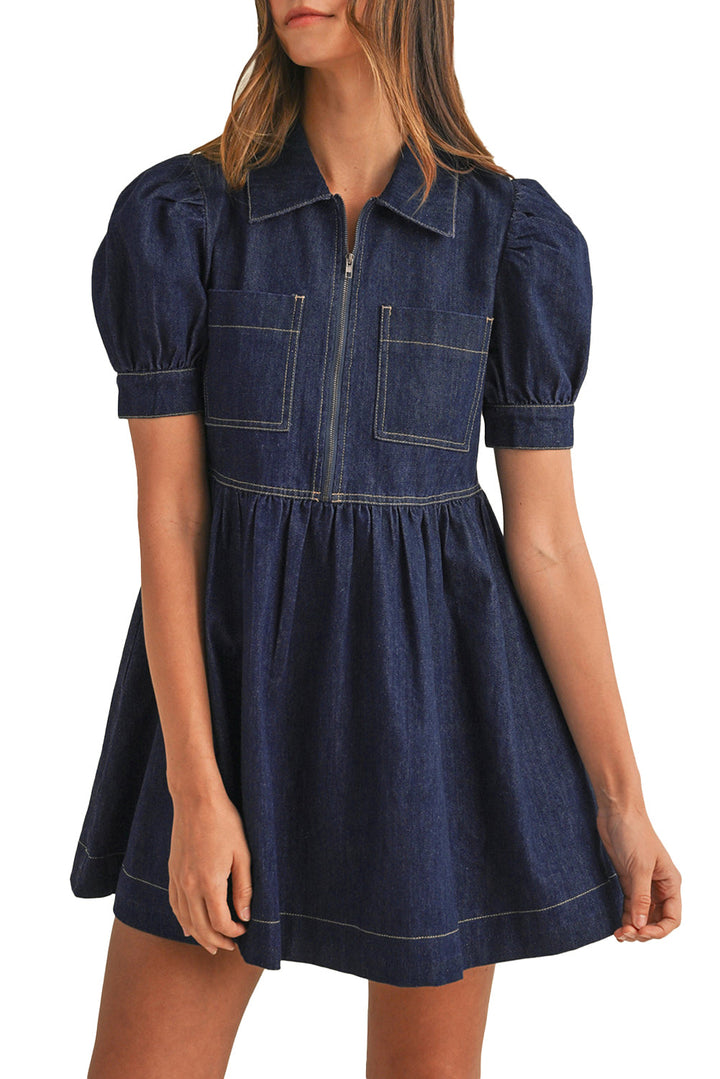Zipped up Bodice Collared Short Puff Sleeve Denim Dress