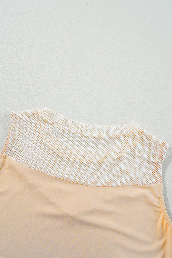 Solid Mesh Patchwork Crew Neck Tank Top