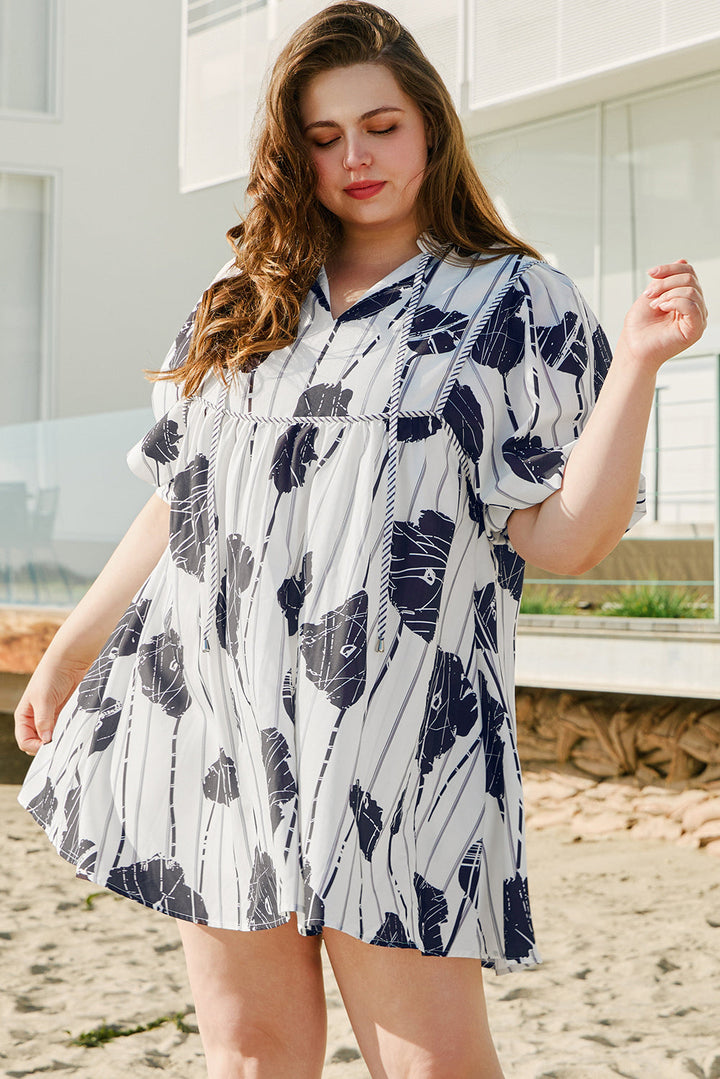 Plus Size Floral 3/4 Puff Sleeve Lace-up Neck Mini Dress