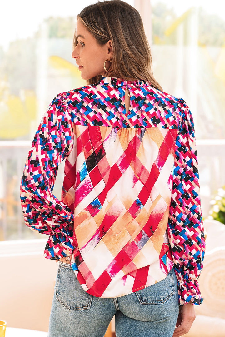 Abstract Geometric Pattern Patchwork Puff Sleeve Blouse