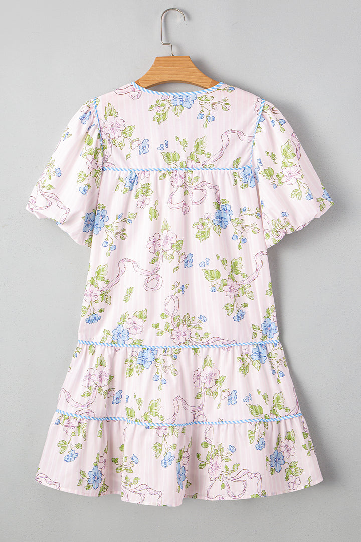 Minikleid mit Blumenmuster, Kontrastbesatz, Krawatte und Schlitz am Ausschnitt