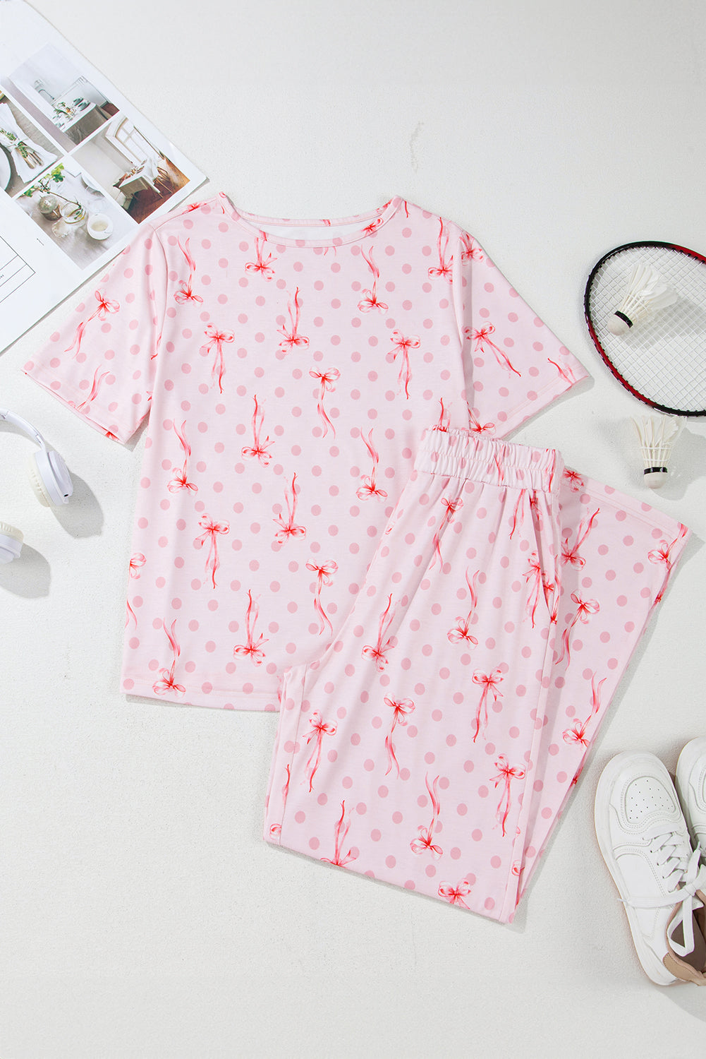 bow knot polka dot print short sleeve top lounge set
