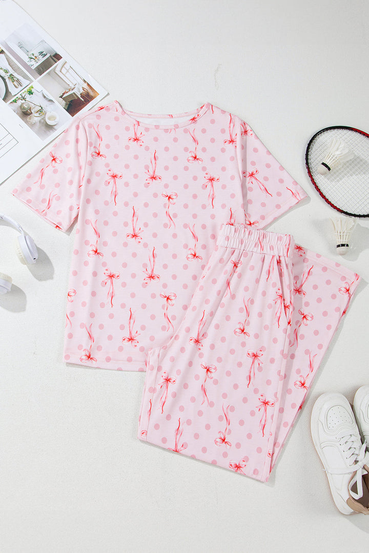 bow knot polka dot print short sleeve top lounge set