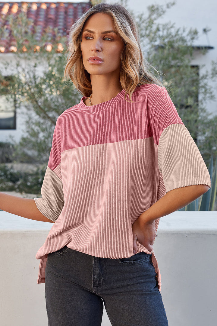 color block ribbed side slits half sleeve top 1