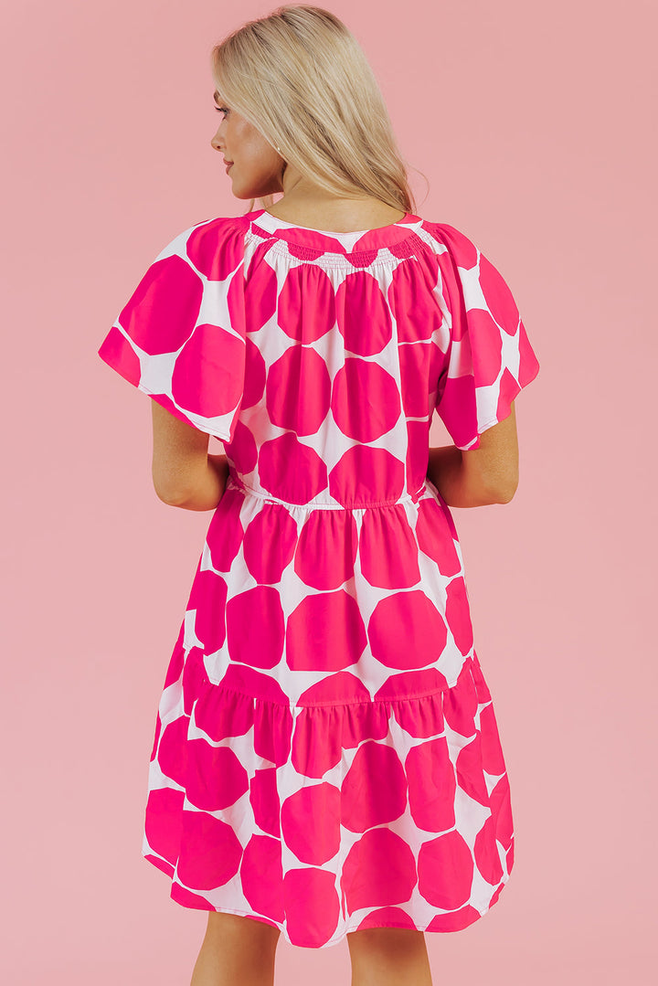 Polka Dot Flutter Sleeve Notched Neck Tiered Flowy Dress