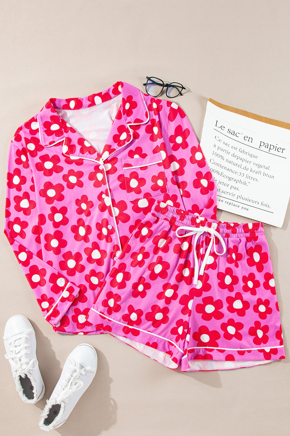 flower print long sleeve shirt shorts pajamas set 3