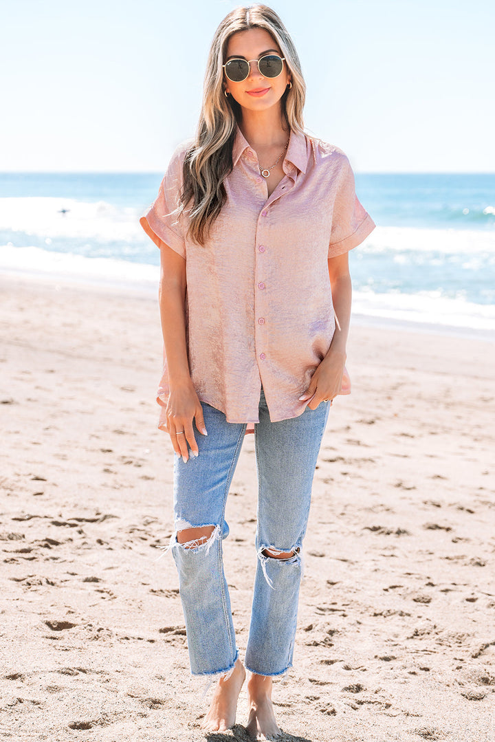 Metallic Buttoned Loose Fit Short Sleeve Shirt
