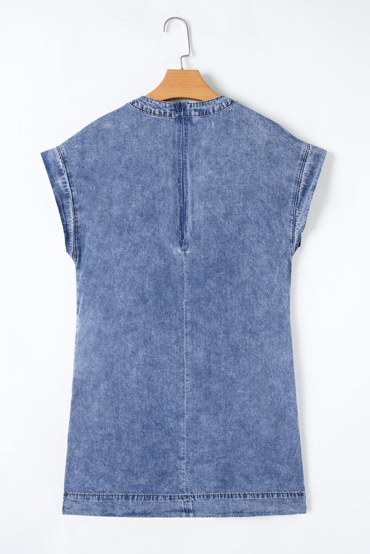 Tie V Neck Tucking Detail Short Sleeve Denim Shift Dress