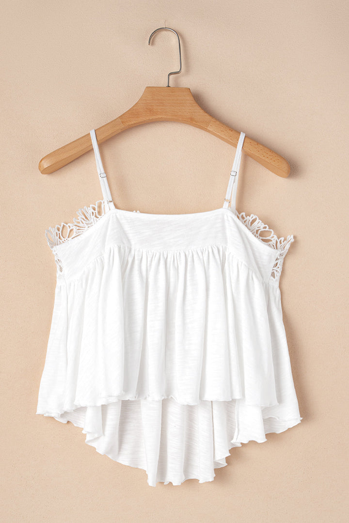Lace Splicing Spaghetti Straps Ruffle Flared Tank Top