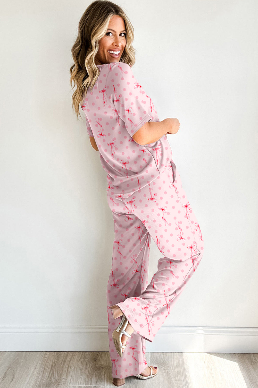 bow knot polka dot print short sleeve top lounge set