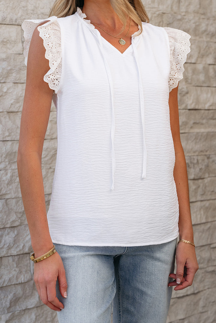 Embroidered Ruffle Trim Textured Blouse