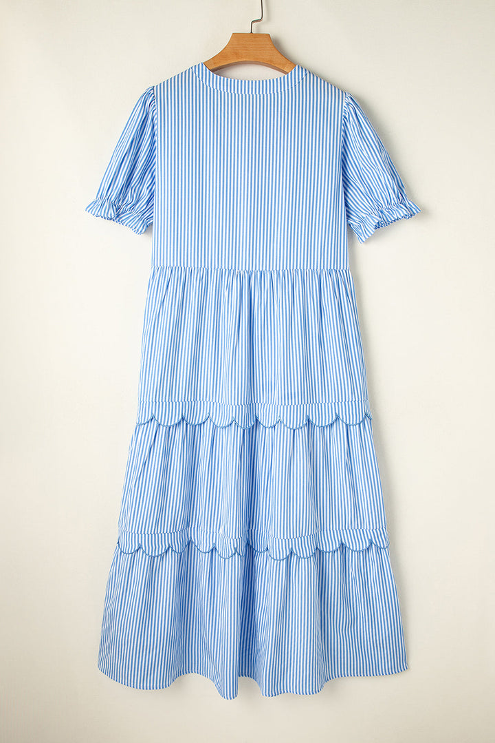 Bubble Short Sleeve Tiered Scallop Long Dress