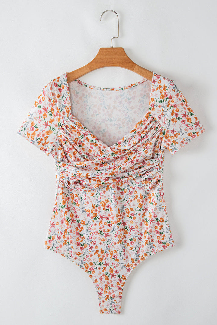 Short Sleeve Floral Ruched Sweetheart Bodysuit