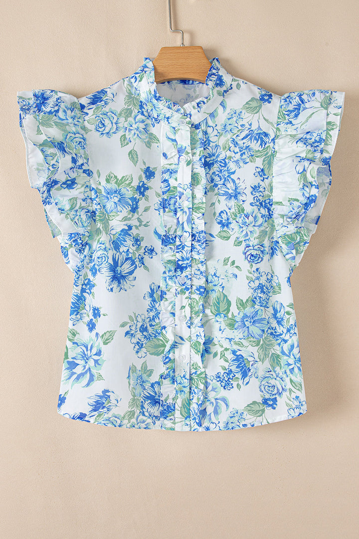 Floral Print Ruffle Sleeve Frilly Button Up Shirt