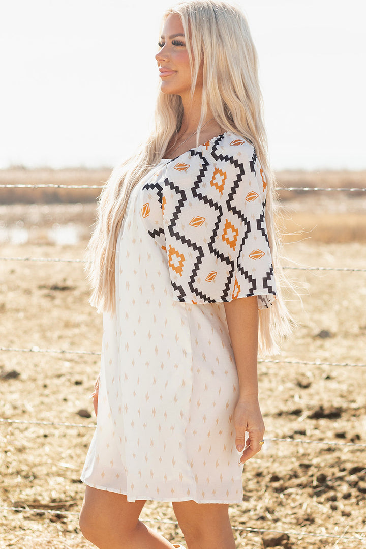 Western Aztec Print Pleated Square Neck Loose Mini Dress