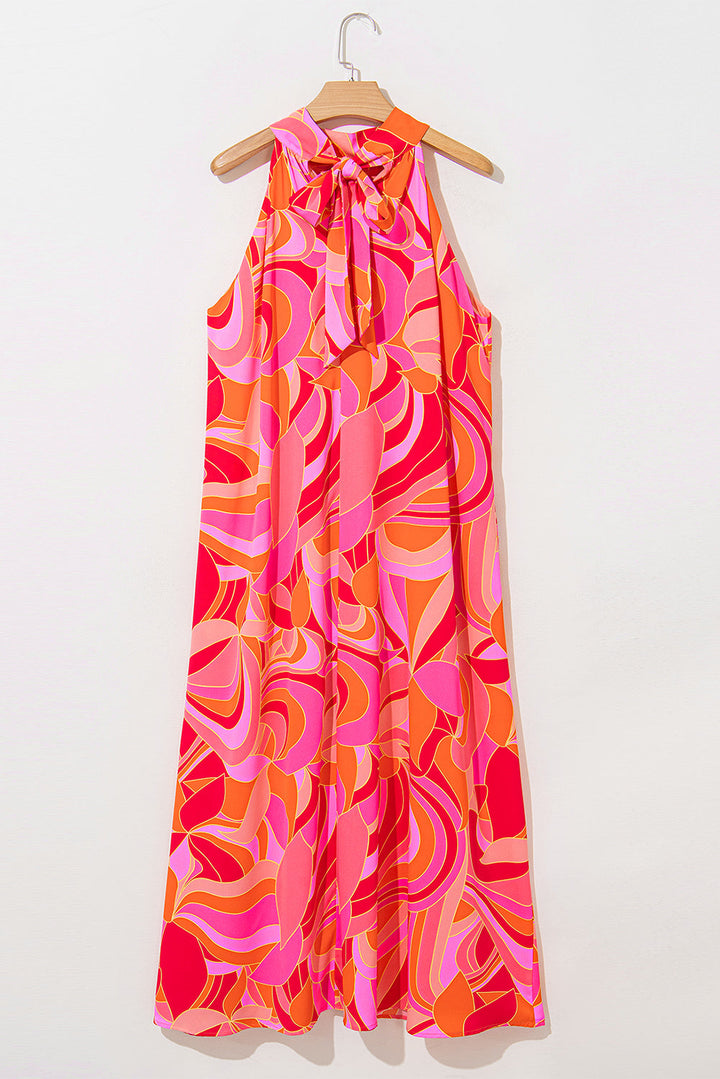 Abstract Printed High Neck Knotted Nape Sleeveless Maxi Dress