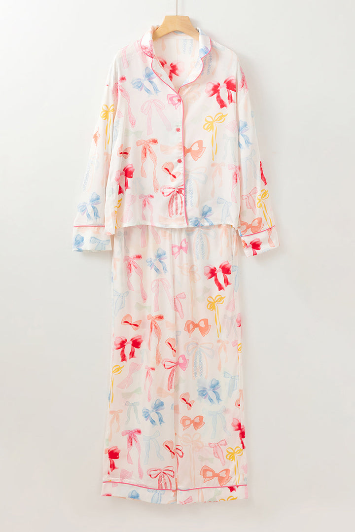 bow knot print lapel collar wide leg satin pajama set