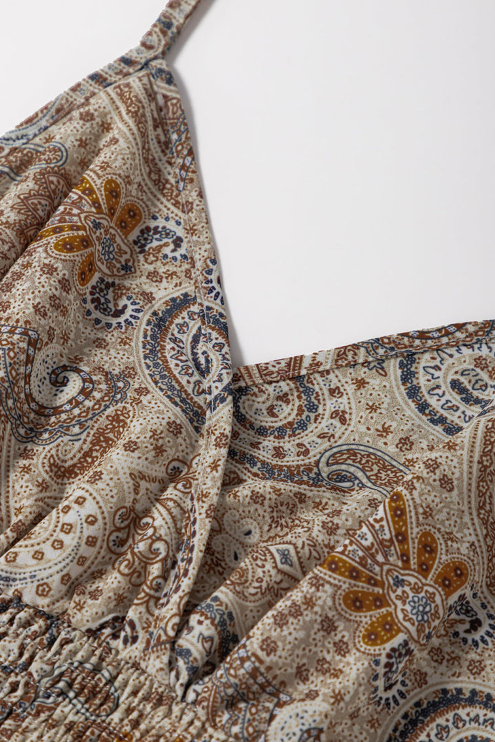 Paisley Printed Spaghetti Strap V Neck Smocked Babydoll Tank Top