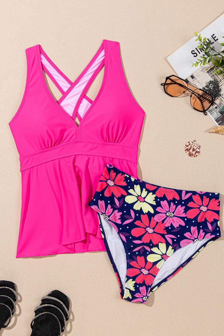 v neck ruffled hem floral bottom tankini set
