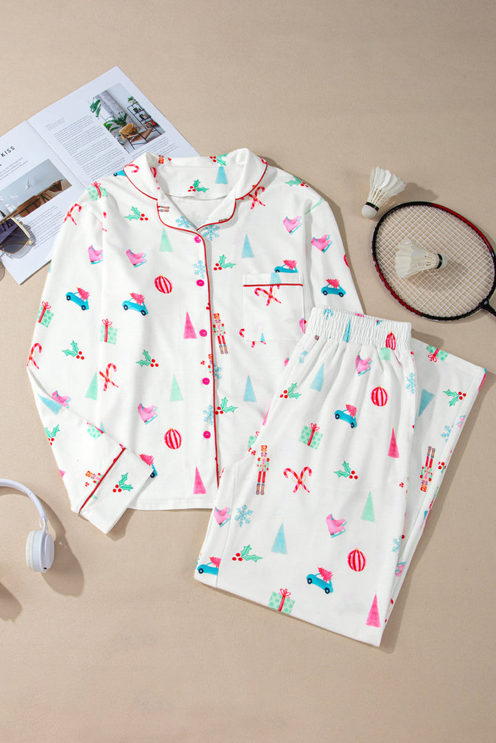 christmas print lapel shirt and pants sleepwear