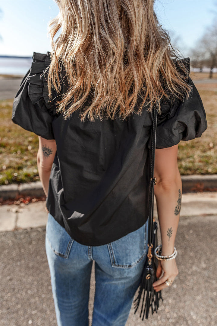 ruffled puff short sleeve loose blouse