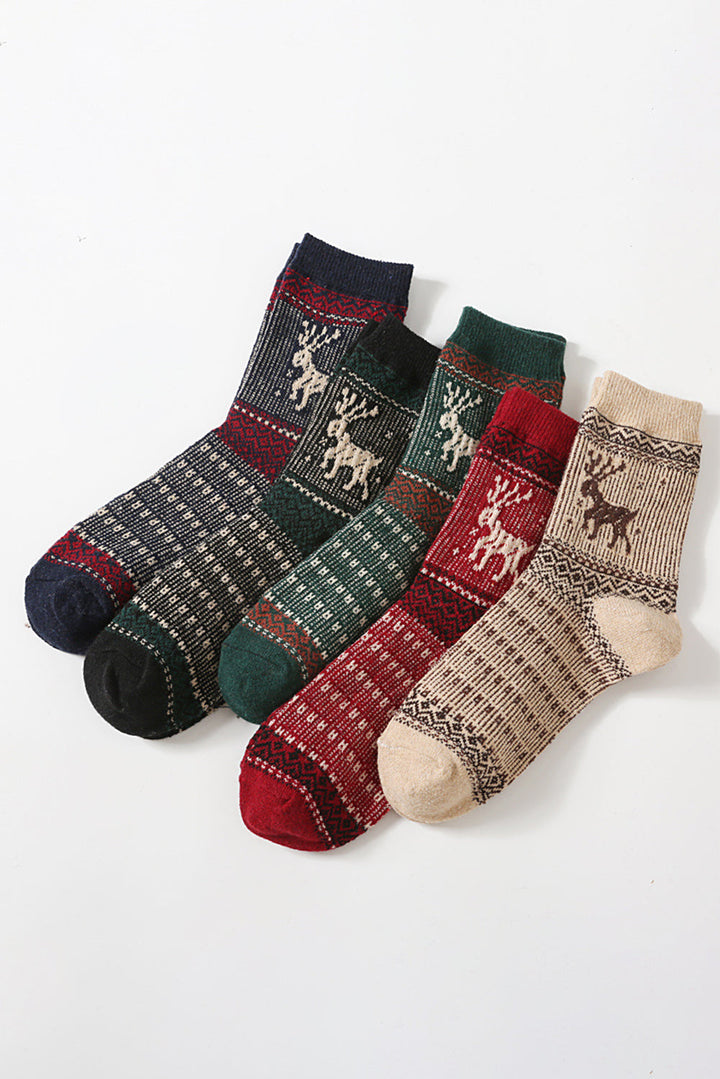 5 Paar/Set weiche Crew-Socken mit Weihnachts-Rentiermotiv