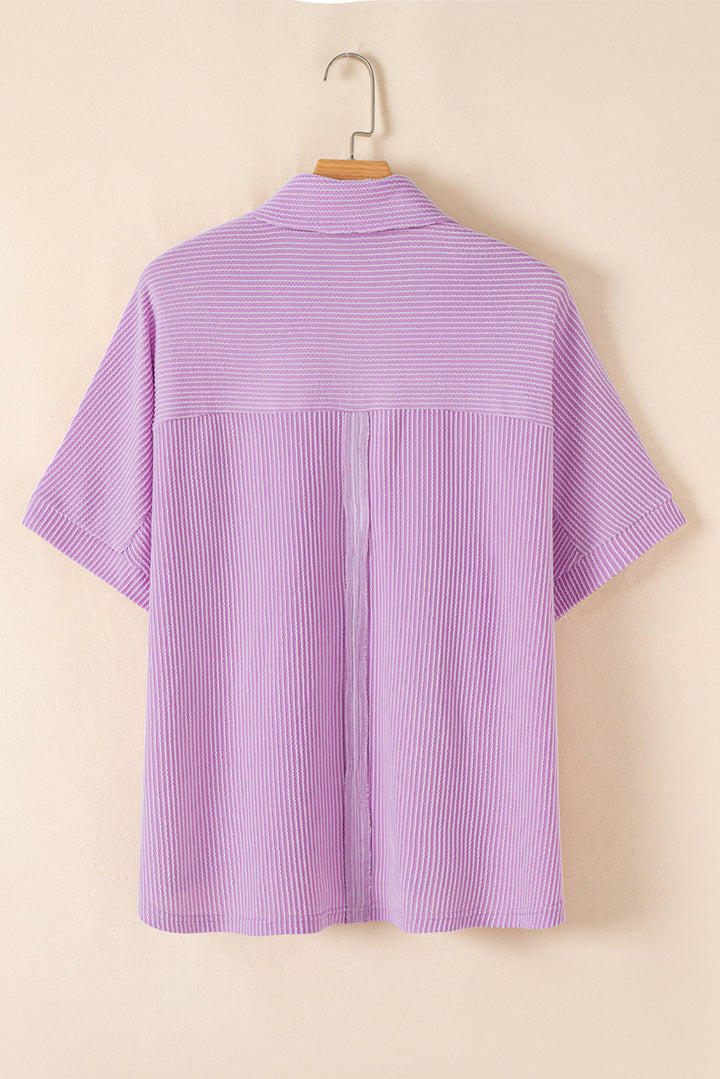 Corded Flap Pocket Collared Buttoned Short Sleeve Blouse