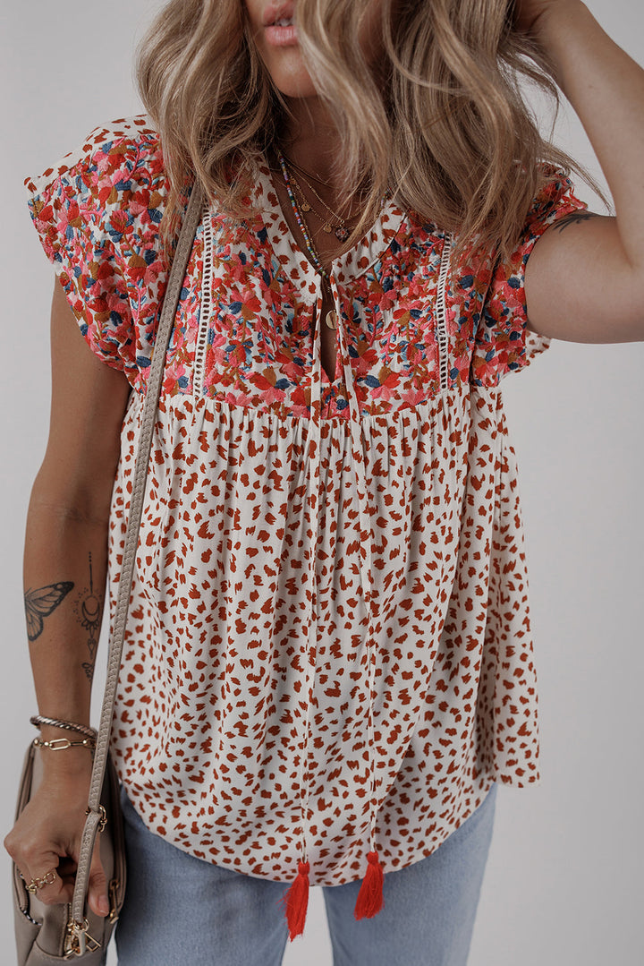 Printed Embroidery Detail Tie Split Neck Blouse