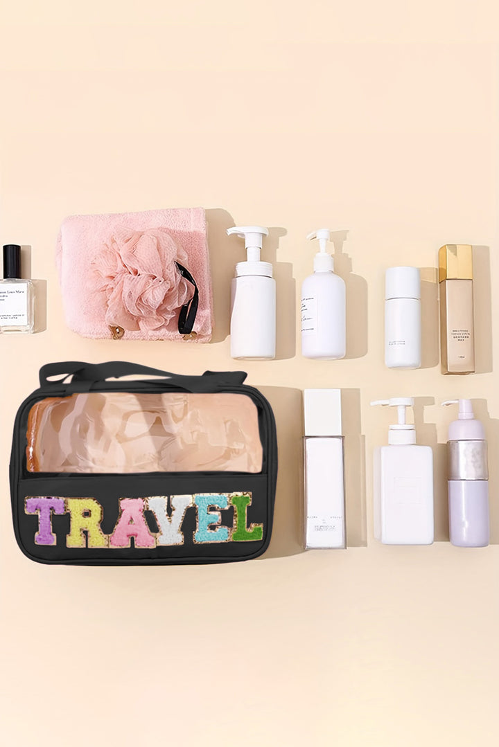 Trousse de maquillage TRAVEL en PVC transparent avec lettres en chenille
